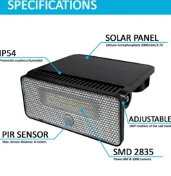 Aplique LED SOLAR TAZ 30W, sensor PIR, batería reemplazable, Litio 3,7V - 2000mAH