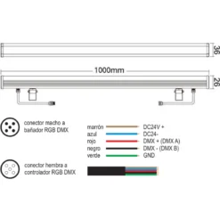 Bañador de pared lineal LED BRIDGELUX, 36W, DC24V, RGB-DMX, 1m
