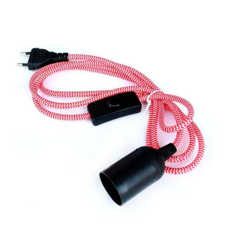Cable textil E27 con interruptor y enchufe, 2m, rojo-blanco