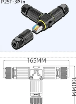 Conector T IP68, 148*90mm, Ø30mm, 2 cables 0.5-2.5mm2, 16A, conectores rápidos