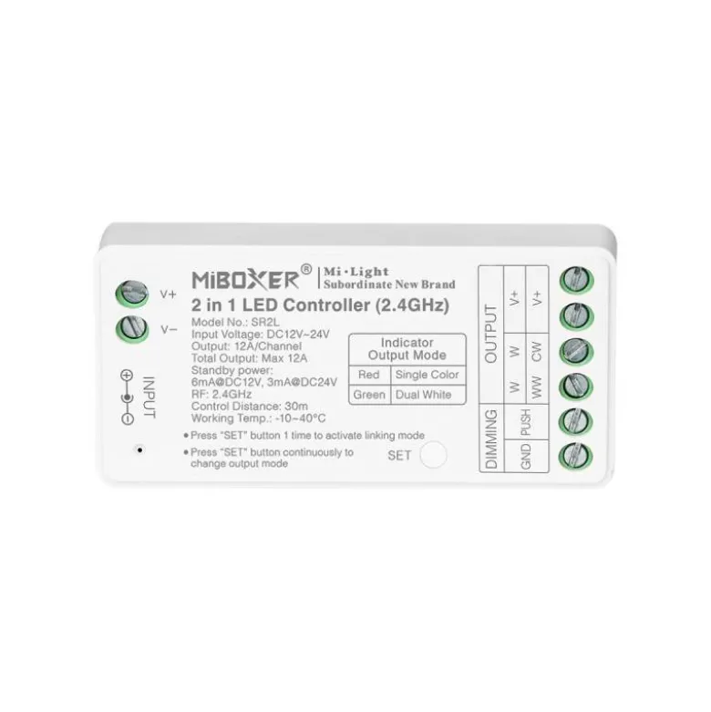 Controlador 2.4G RF, DC12-24V, 12A, 2 en 1 monocolor + CCT, bajo consumo