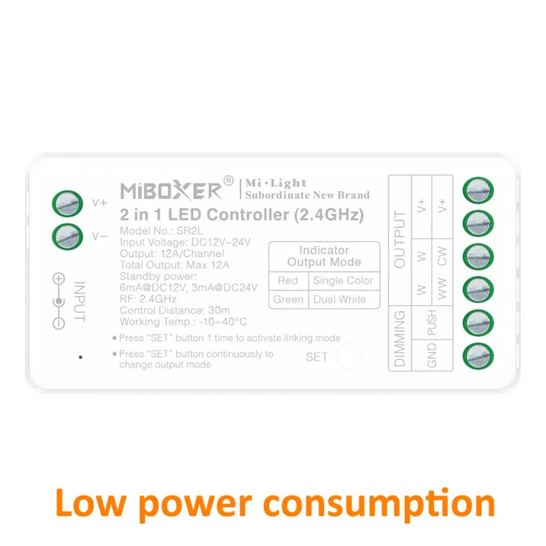 Controlador 2.4G RF, DC12-24V, 12A, 2 en 1 monocolor + CCT, bajo consumo