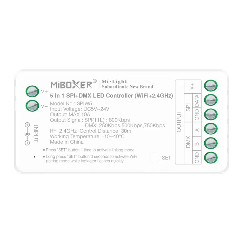 Controlador WiFi+2.4G RF, DC5-24V, 10A, SPI+DMX 5 en 1
