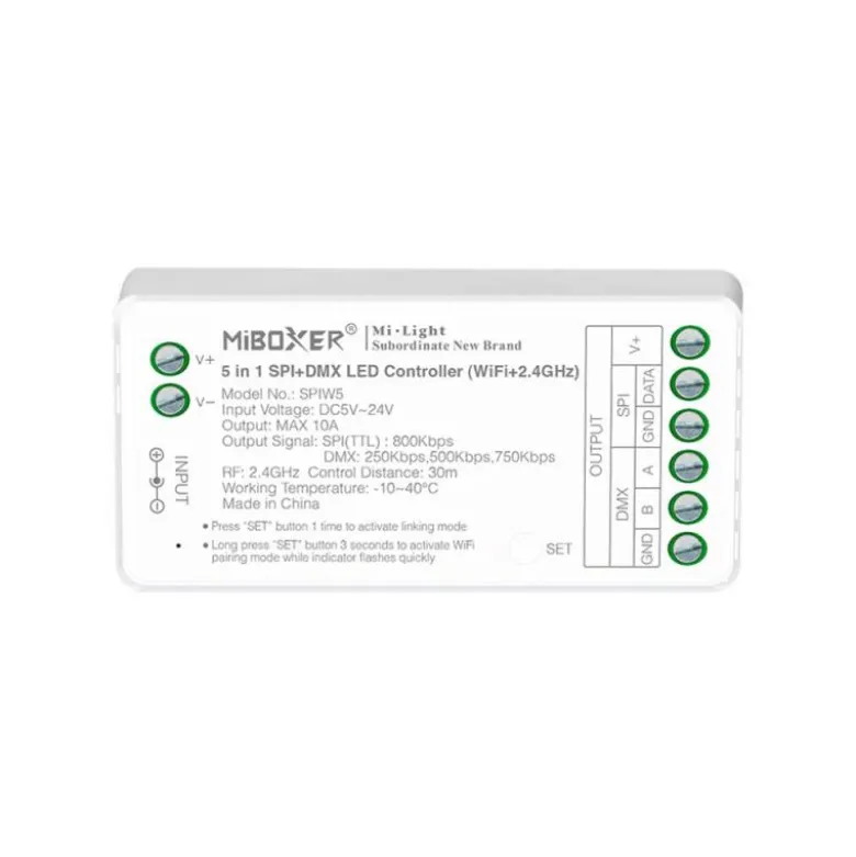 Controlador WiFi+2.4G RF, DC5-24V, 10A, SPI+DMX 5 en 1