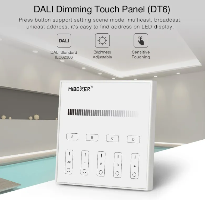 DALI panel táctil DT8 Monocolor, 4 zonas/grupos