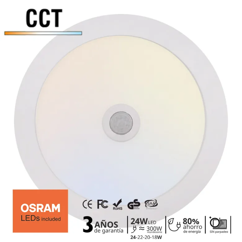 Downlight Led, 24W-22W-20W-18W, Sensor movimiento, 4CCT