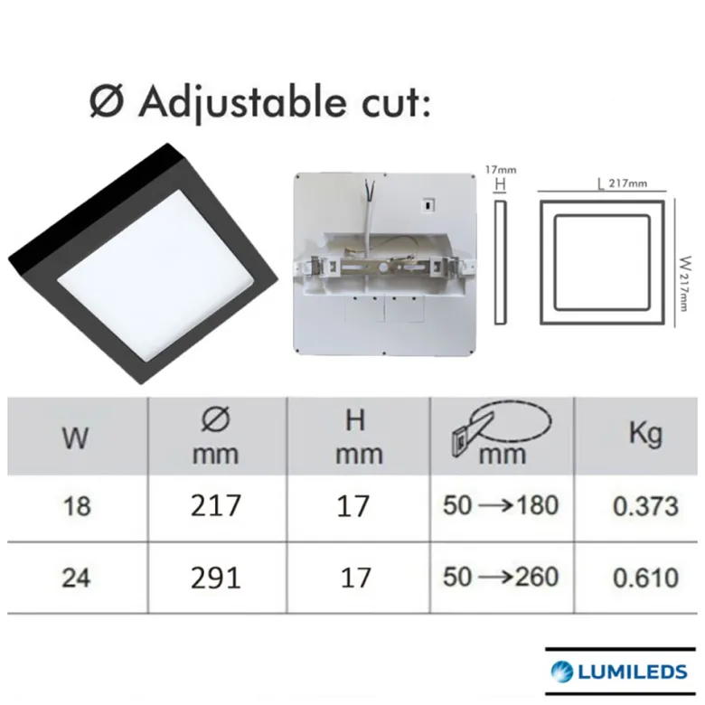 Downlight / Plafón Led KUB, 18W, LUMILED Chip, CCT ajustable, negro