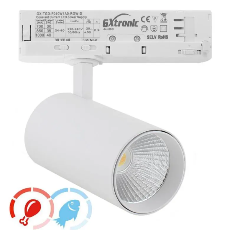 Foco carril Trifásico CRONOLUX, 40W-30W, blanco, 38º, UGR13, DUAL Carnes y Pescados