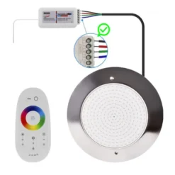 Kit Lámpara LED SLIM 5mm Ø230mm para piscinas, 12V AC/DC, IP68, 35W, RGB, acero inox 316 + mando