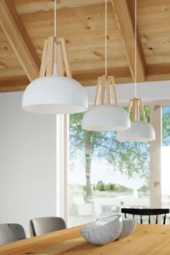 Lámpara colgante CASCO color blanco y madera natural, E27