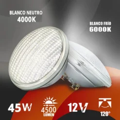 Lámpara LED PAR56 para piscinas, G53, 45W, Acero Inox.
