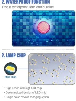 Lámpara LED RGB+4000K para piscinas, 35W, Superficie