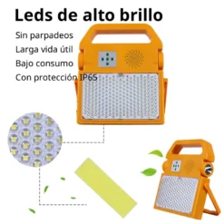 Proyector LED, 100W solar/con batería recargable + emergencia + power bank + bluetooth speaker