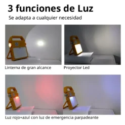 Proyector LED, 100W solar/con batería recargable + emergencia + power bank + bluetooth speaker