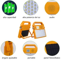 Proyector LED, 100W solar/con batería recargable + emergencia + power bank + bluetooth speaker